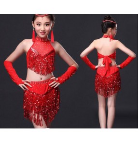 Red hot pink fuchsia royal blue sequined fringes girls kids children gymnastics competition professional latin salsa cha cha dance dresses